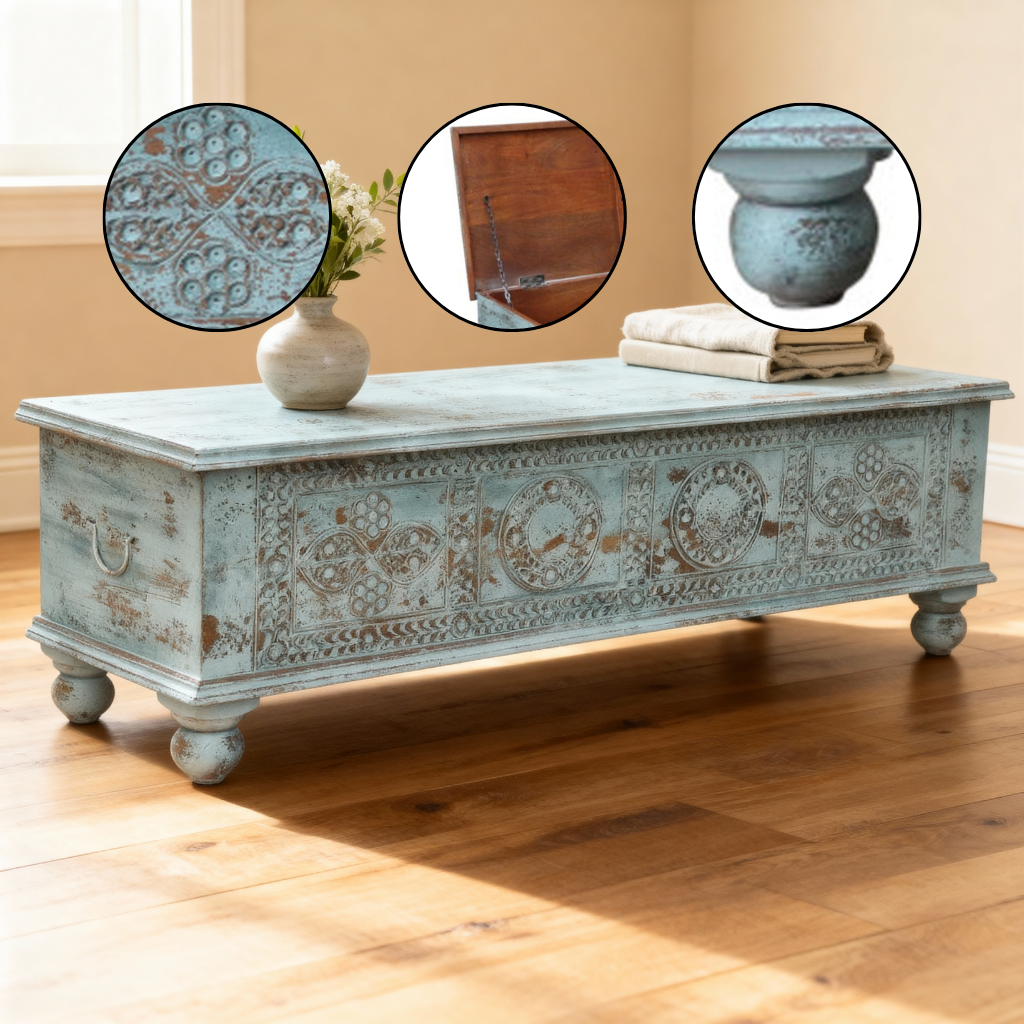 NEW 54" Aqua Carved And Distressed Solid Wood Lift Top Coffee Table
