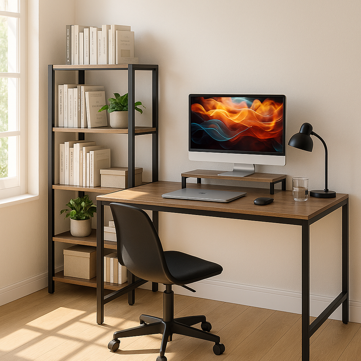 Industrial Pro 59" Computer Desk with Monitor Stand & Reversible 4-Tier Storage Shelf – Brown