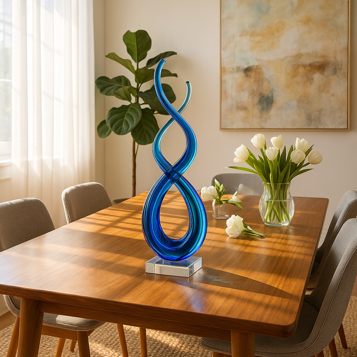 Premium 11" Clear and Blue Murano Glass Modern Abstract Tabletop Sculpture - Contemporary Artisan-Crafted Decorative Accent