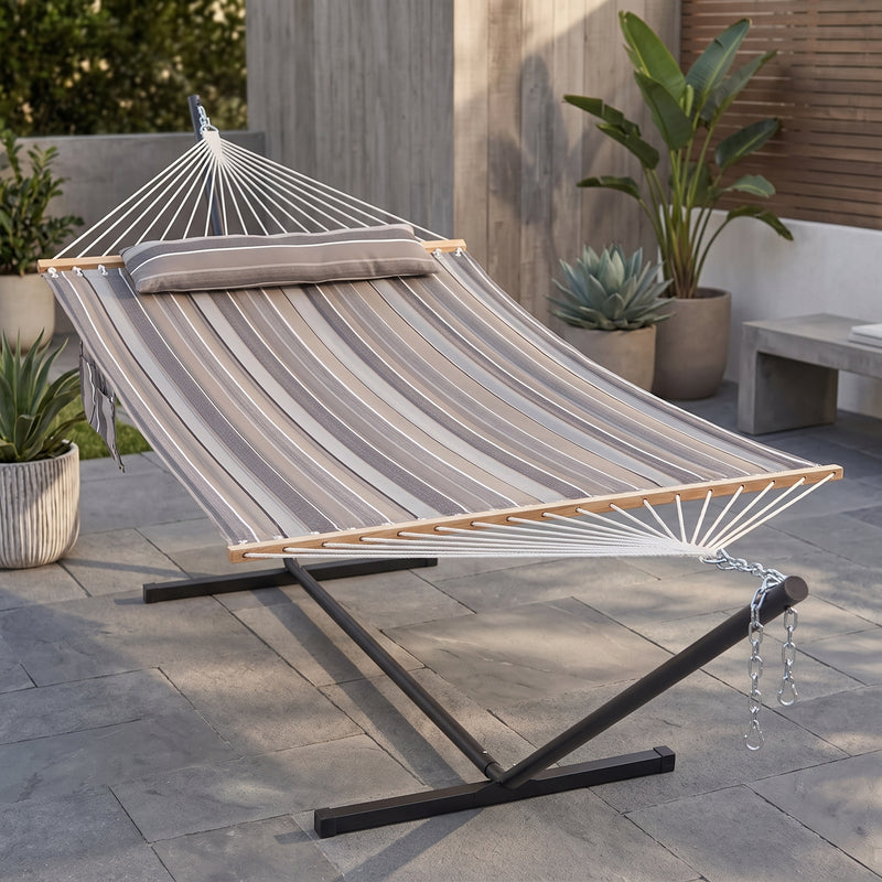 Outdoor Double Hammock with Stand for 2 – Heavy Duty Steel Frame, Pillow Included - 1