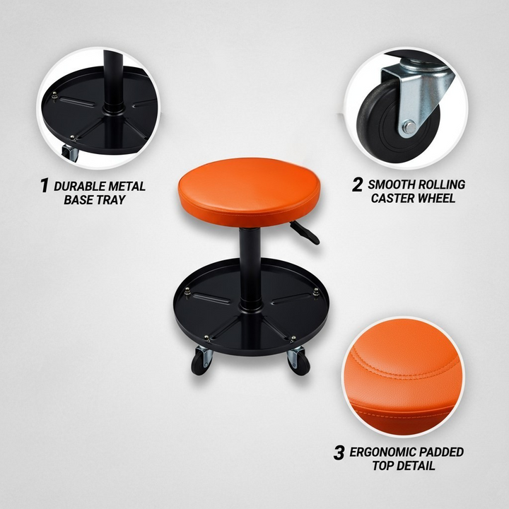 Shop Garage Adjustable Rolling Mechanic Stool with Tool Tray