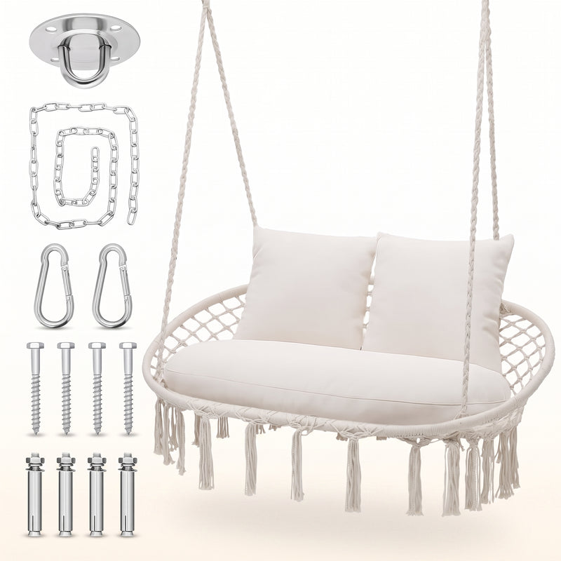 2-Person Hanging Hammock Chair with Cushion – Boho Macrame Swing for Indoor & Outdoor Relaxation - 1