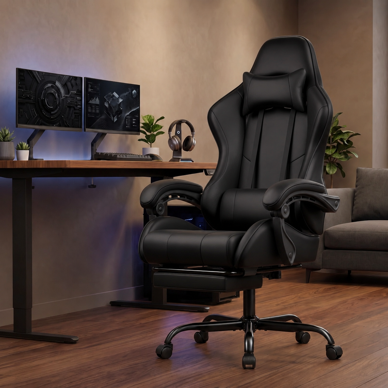 GAMING CHAIR WITH FOOTREST – LUMBAR SUPPORT & 360° SWIVEL - 1
