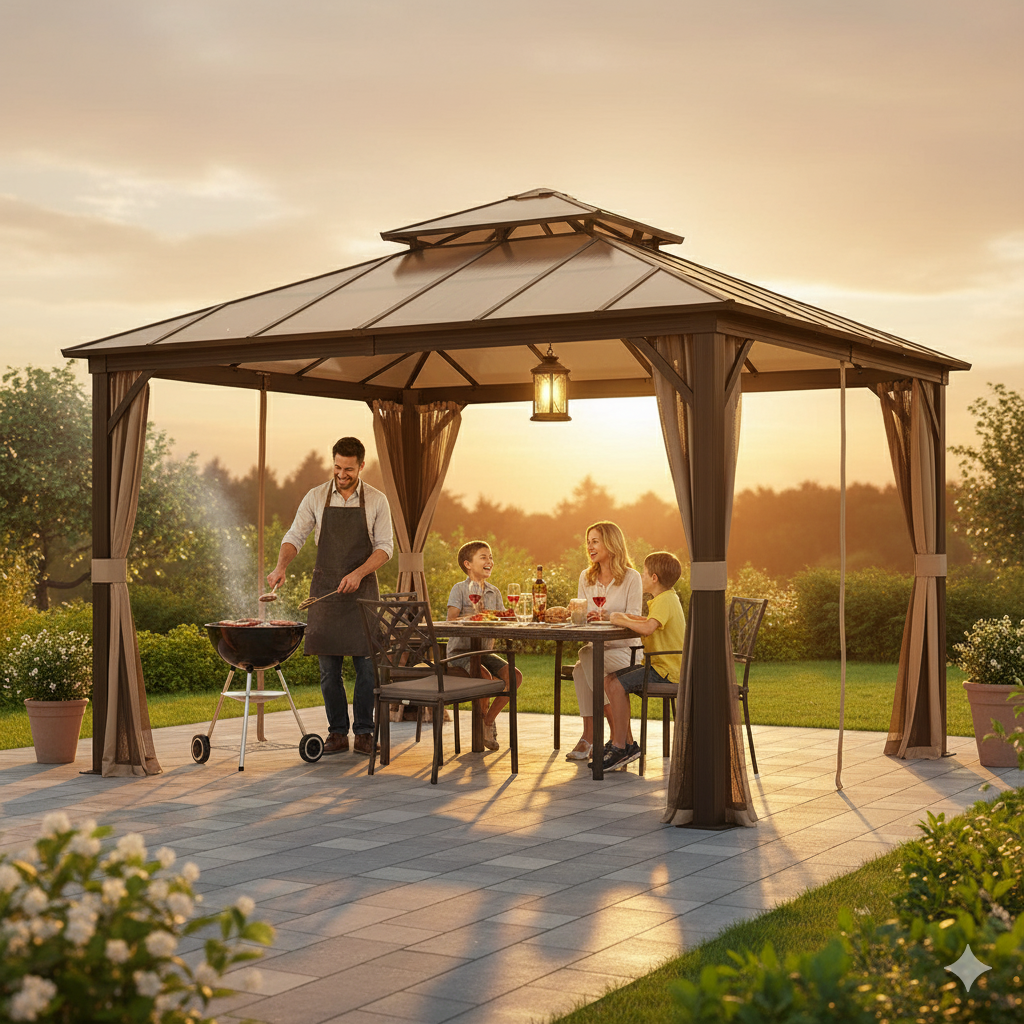 Exclusive 12' x 12' Hardtop Gazebo - Premium Permanent Outdoor Pavilion with Polycarbonate Double Roof