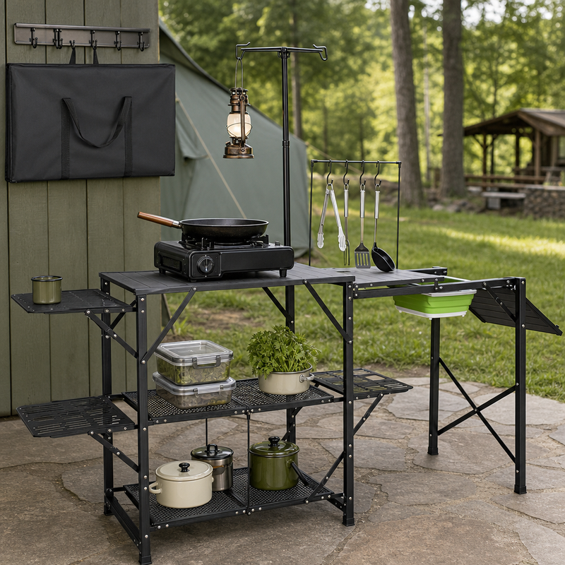 Camping Portable Cook Station/Kitchen Table, Folding Outdoor Cooking Table with Storage - 1