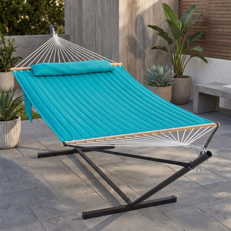 Outdoor Double Hammock with Stand for 2 – Heavy Duty Steel Frame, Pillow Included - 1