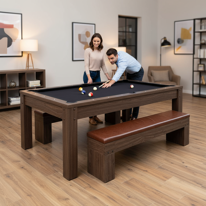 7ft 3-in-1 Multi-Functional Pool Table with Benches – Pool, Ping Pong & Dining Combo Table | Trufairs