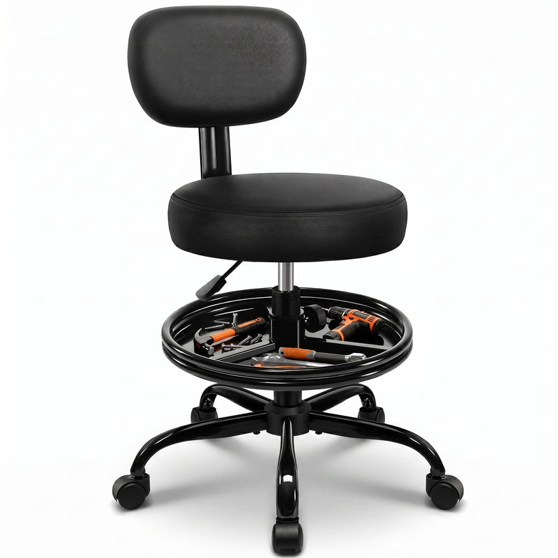 Rolling Mechanic Chair with Backrest and Footrest – Heavy Duty Shop Stool with Wheels, Adjustable Height Swivel Garage Chair - 1