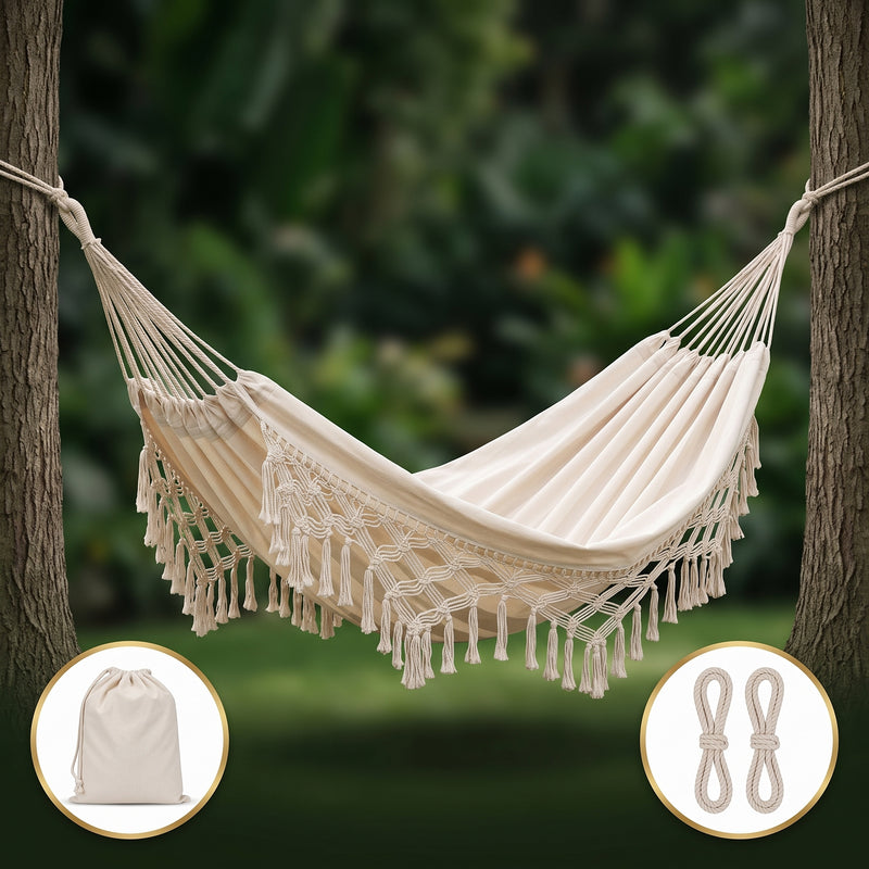 Boho Macrame Double Hammock Swing with Tassels – 2 Person Hanging Chair for Indoor & Outdoor Relaxation - 1