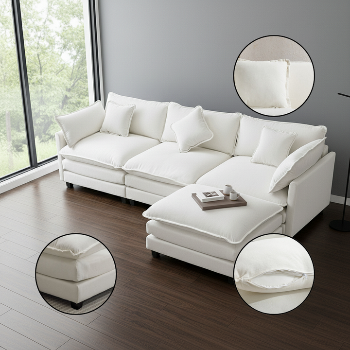 112.2″ L-Shape Chenille Upholstered Sofa with Ottoman & 5 Pillows | Trufairs