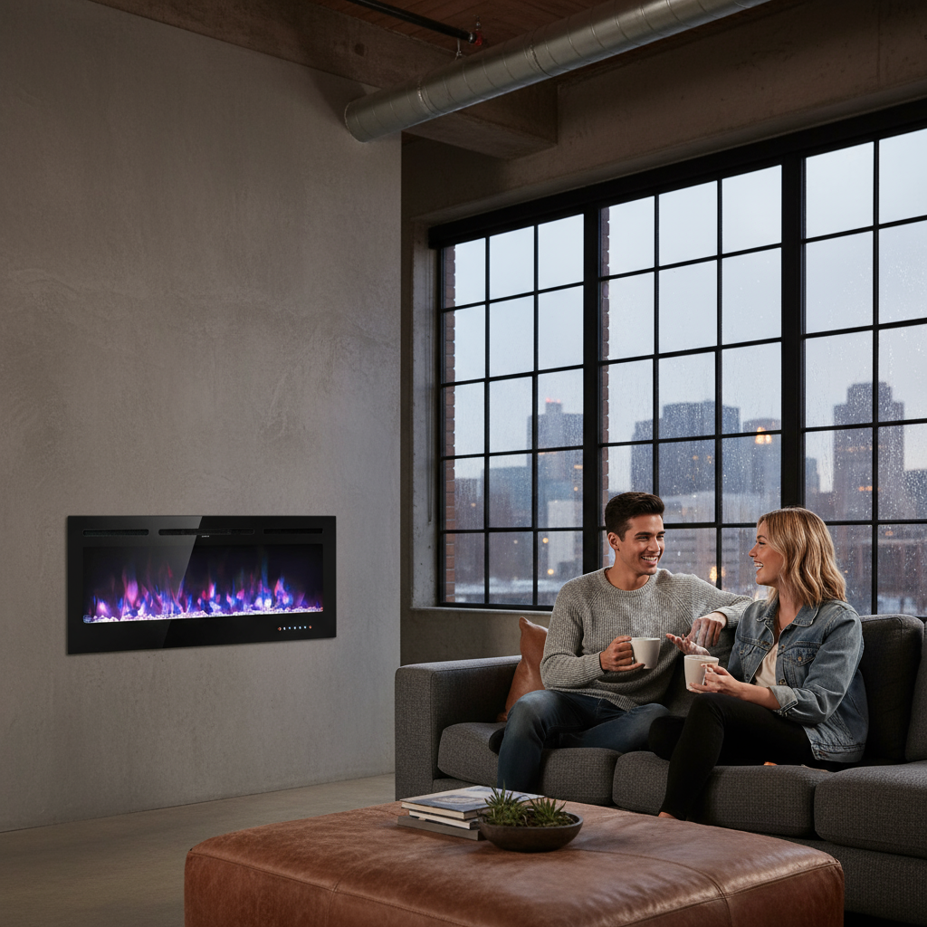 50 Inch Recessed Electric Insert Wall Mounted Fireplace with Adjustable Brightness