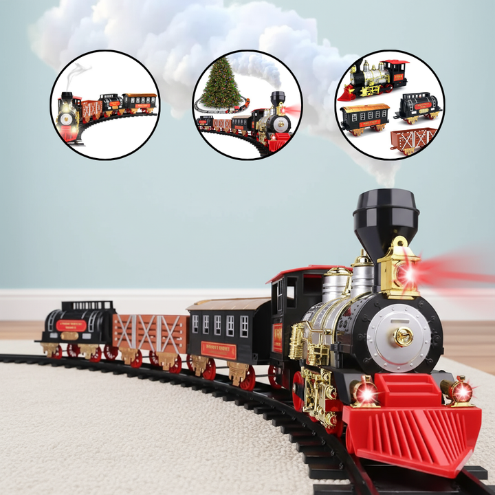 Classic Christmas Holiday Train Set with Real Smoke Lights Sounds Locomotive Engine Cargo Cars Tracks Kids Family Fun