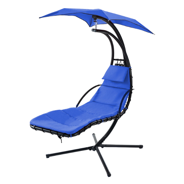 Navy Blue Outdoor Swing Chair - Hanging Chaise Lounger with Removable Shade Canopy & Comfort Pillow for Patio