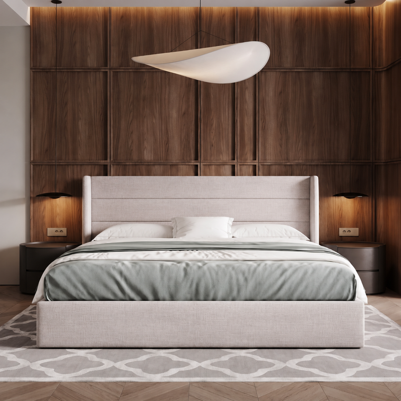 Lift-Up Storage Bed Frame with Upholstered Wingback Headboard - 1