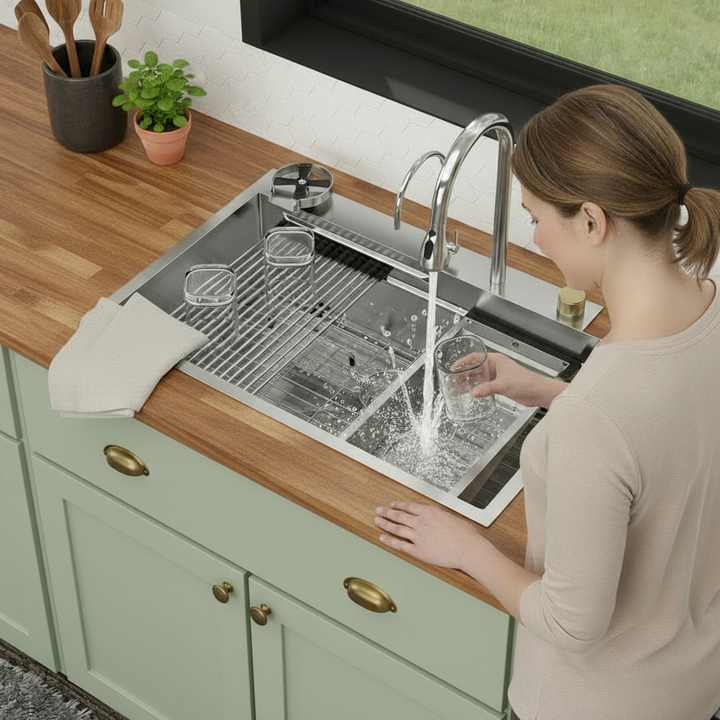 33in. *22in.*10in. Drop In 304 Stainless Steel Workstation Kitchen Sink With Dual Built-in Ledge, Top Mount Single Bowl Workstation Sink With Pull-Out Spray Head Faucet And Rainfall faucet ,Cup Washer