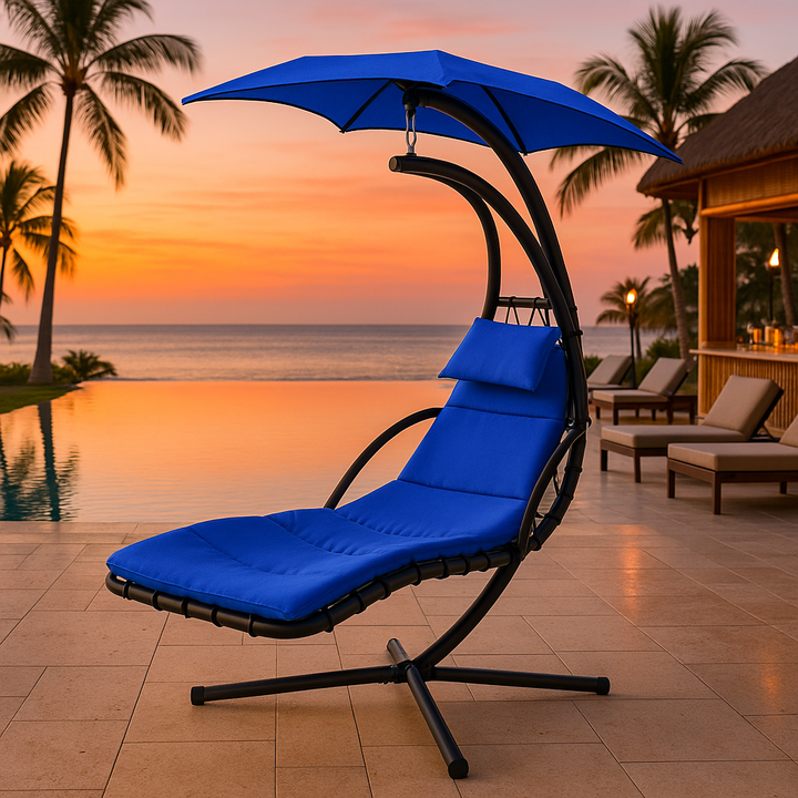 Navy Blue Outdoor Swing Chair - Hanging Chaise Lounger with Removable Shade Canopy & Comfort Pillow for Patio