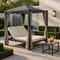 Premium Aluminum Outdoor Patio Daybed - Double Chaise Lounge with Retractable Canopy, Grey Privacy Curtains, Beige Cushions & Cup Holders for Pool, Garden, Backyard & Lawn