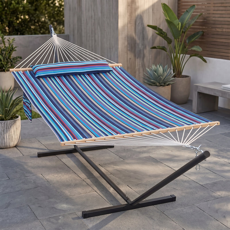 Outdoor Double Hammock with Stand for 2 – Heavy Duty Steel Frame, Pillow Included - 1