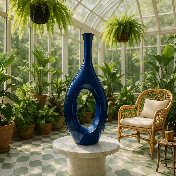 Premium Trombone Vase Large in Navy Blue - Contemporary Resin Floor Sculpture with Glossy Finish