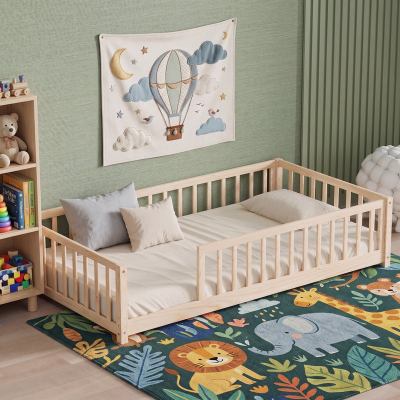 Montessori Floor Bed with Fence & Door, Wood & MDF, Safe color & stain for kids - 1