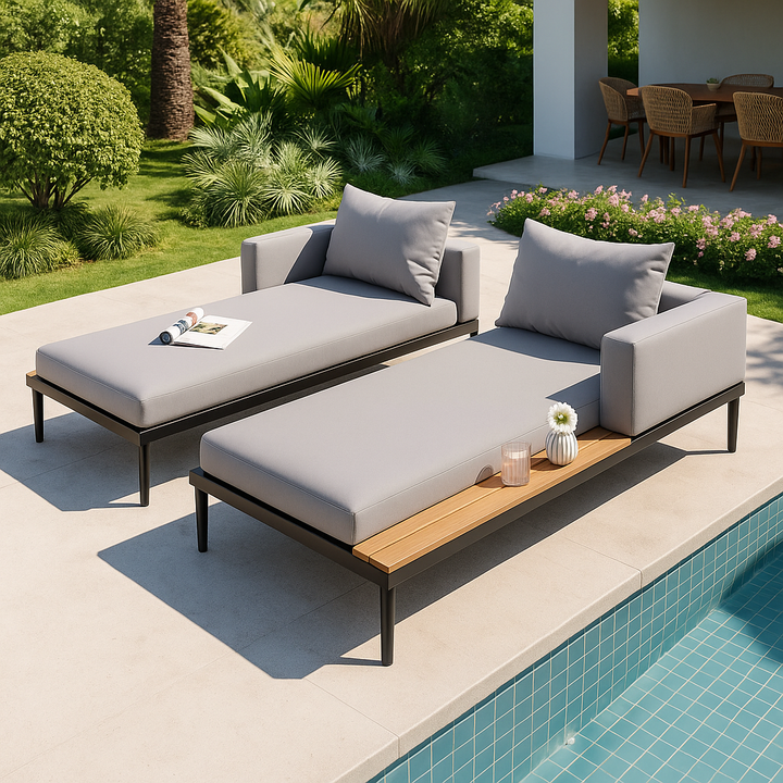 TOPMAX Modern Outdoor Daybed - Premium 2-in-1 Patio Metal Daybed with Acacia Wood Side Tables, Padded Chaise Lounges for Poolside, Balcony & Deck in Elegant Gray