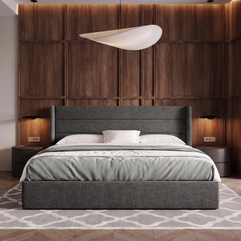 Lift-Up Storage Bed Frame with Upholstered Wingback Headboard - 1
