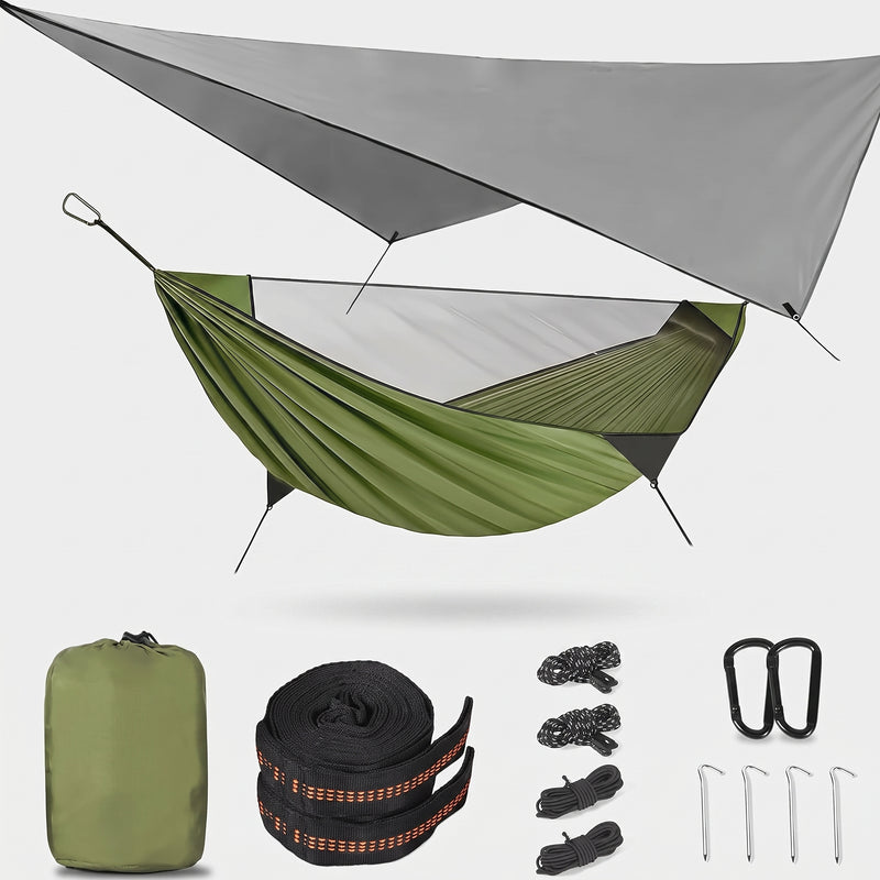 2-Person Camping Hammock with Mosquito Net & Rain Fly – Portable Outdoor Hammock Set (500lbs Capacity) - 1