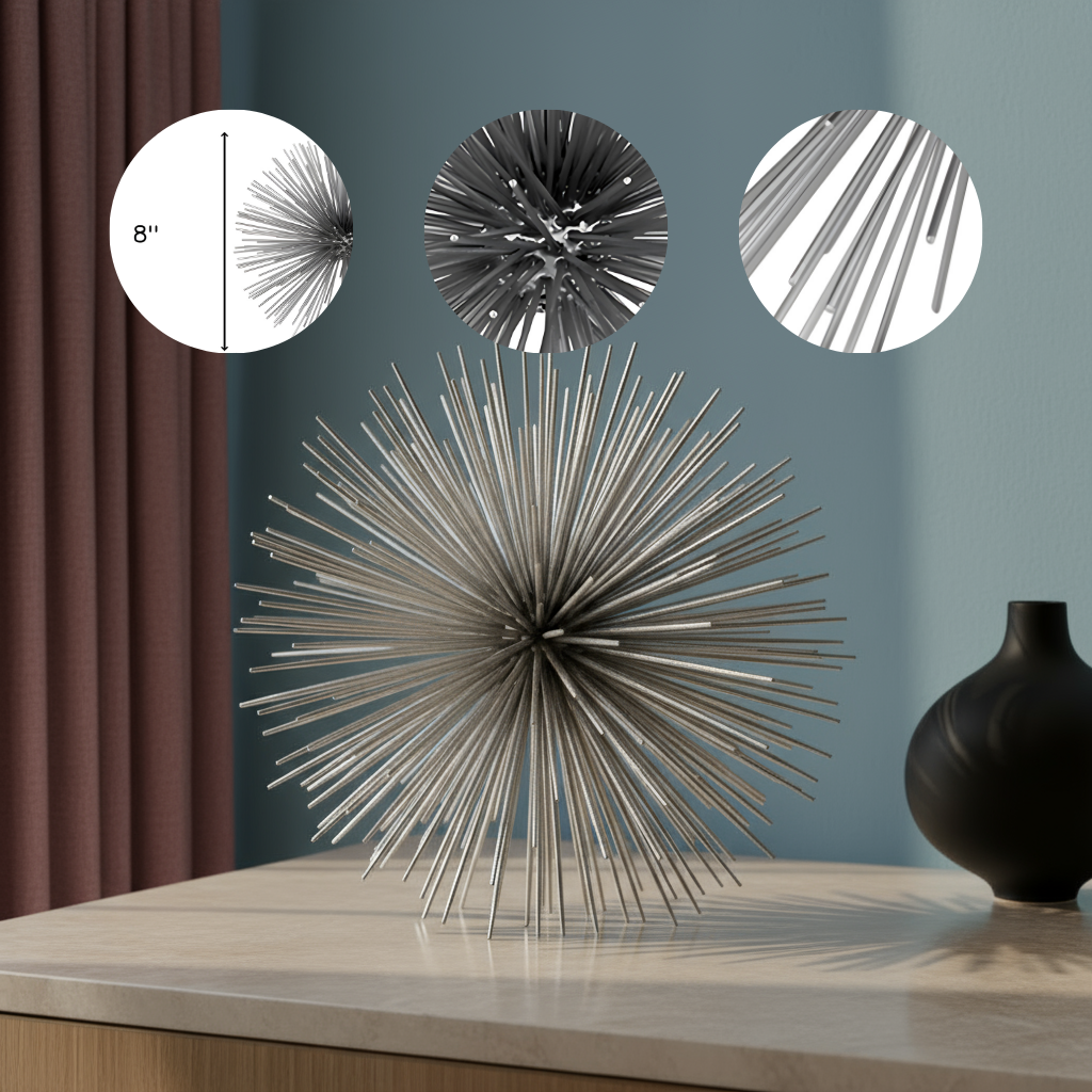 8" Silver Metal Spiky Sphere Tabletop Sculpture