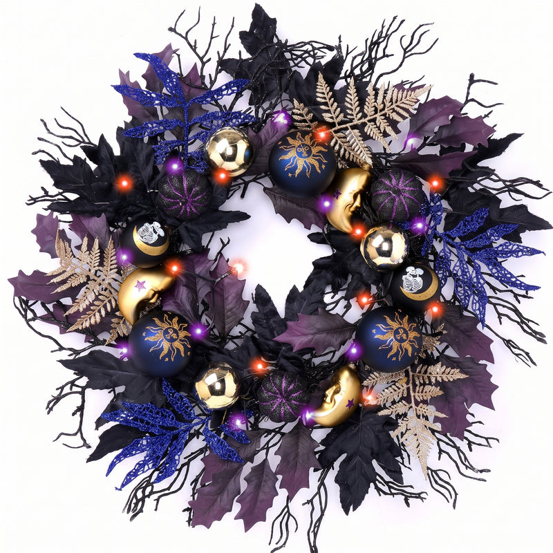 HALLOWEEN WREATH WITH LIGHTS FOR FRONT DOOR – PRE-LIT PUMPKIN, WITCH & GOTHIC PORCH DÉCOR - 1