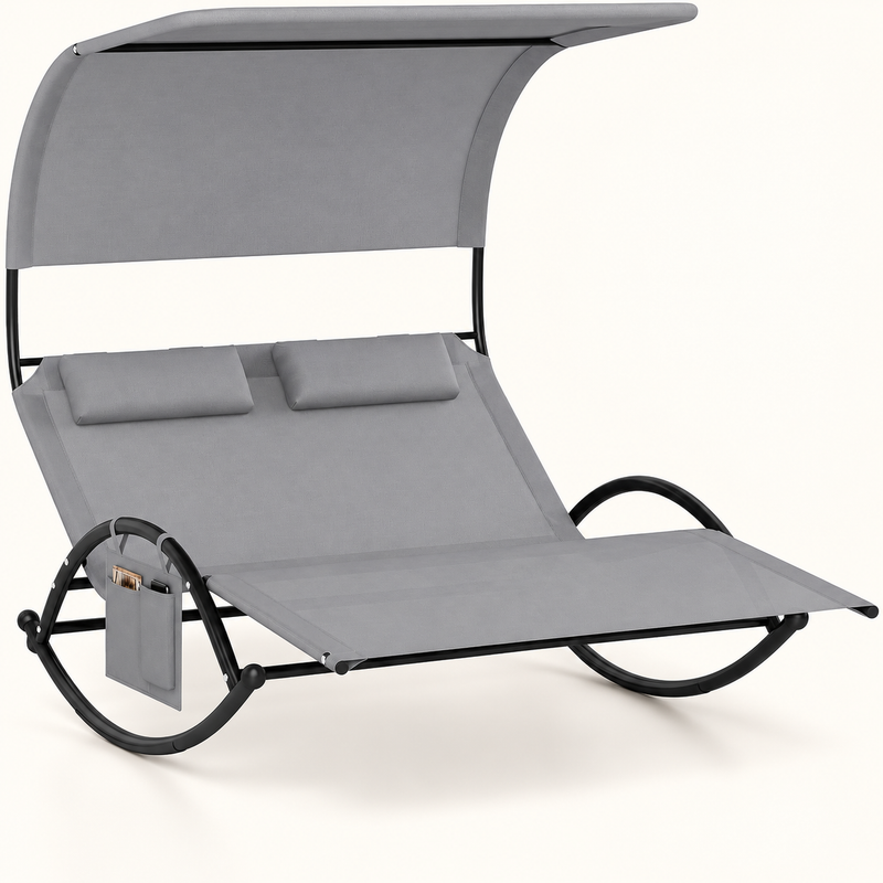 Outdoor Chaise Lounger with Canopy – Single & Double 2-Person Patio Sun Lounger with Cushions & Headrest - 1