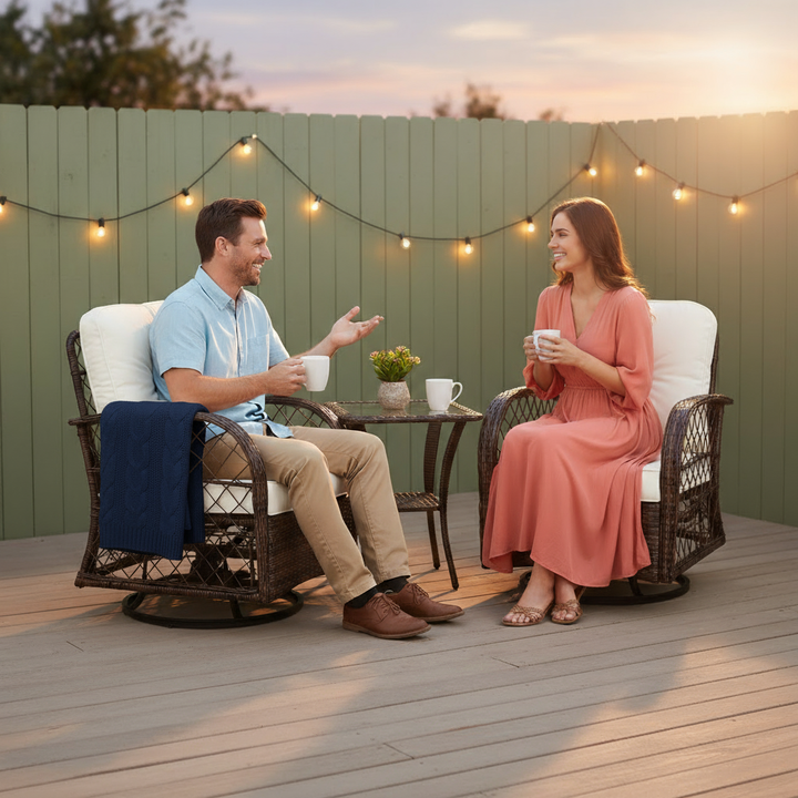 3-piece Outdoor Chair&Table Set Chat Set 2-person Rattan Seating Group with Two Swivel Chairs and a Square Table for Garden, Patio, or Balcony, Brown