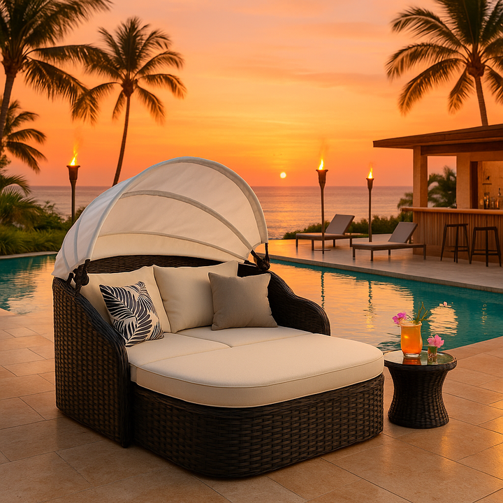Luxe 48" Black Rattan Patio Daybed with Adjustable Canopy & Toss Pillows  