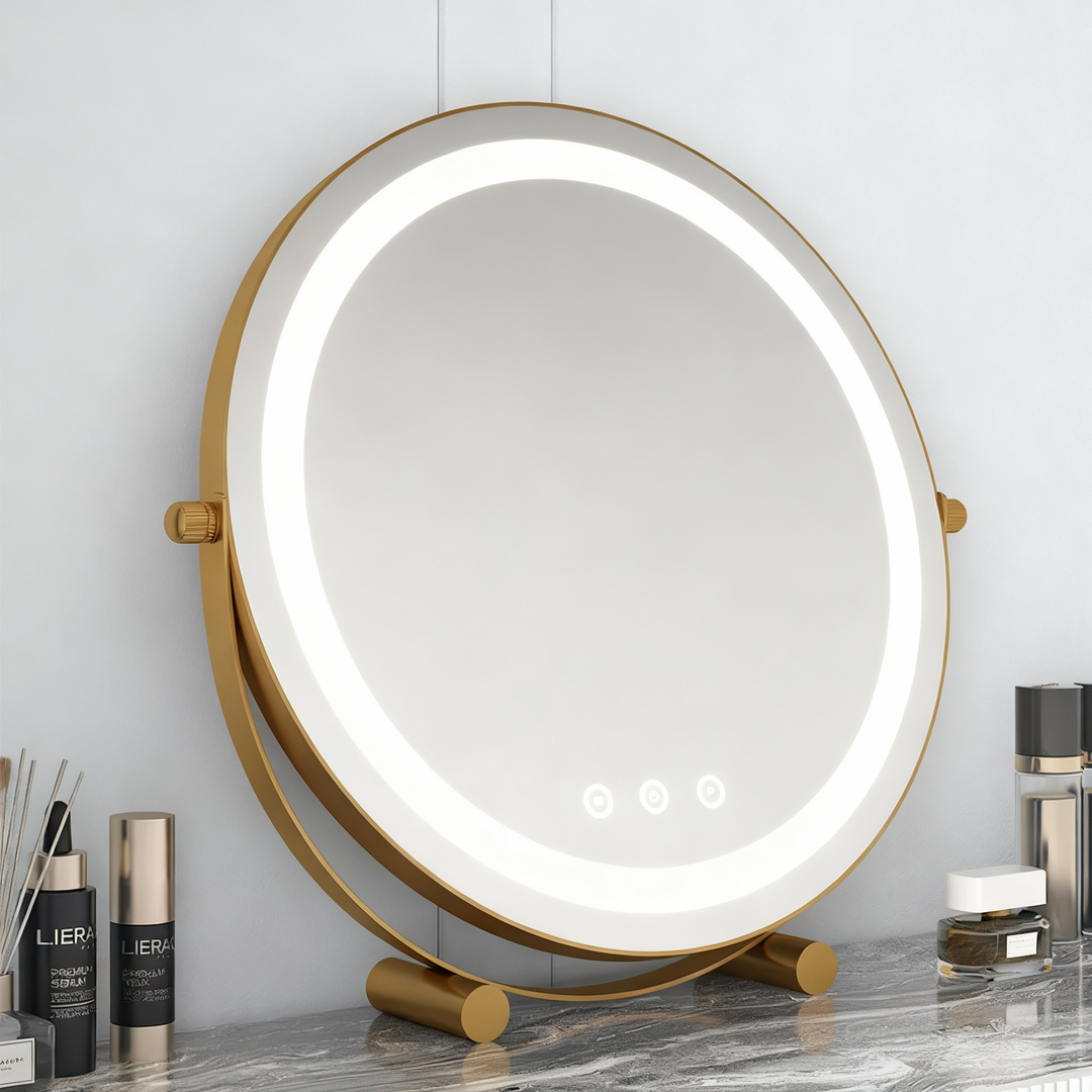 Metal Desktop Makeup Mirror  3-Level LED Lighted Vanity Mirror  Adjustable Rotating Makeup Mirror for Clear Imaging
