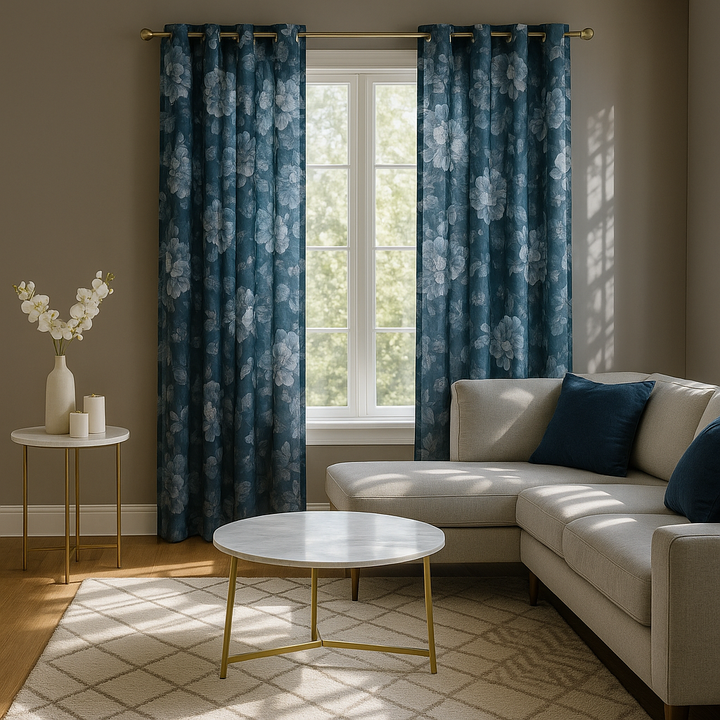 Premium Printed Floral Rod Pocket and Back Tab Voile Sheer Curtain - 50" Wide Lightweight Panel with Blush & Neutral Florals on Navy Ground