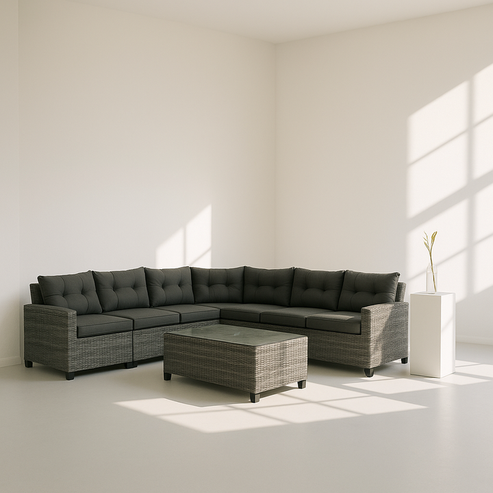 GO 8-Piece Outdoor Wicker Round Sofa Set – All-Weather Half-Moon Sectional with Rectangular Coffee Table & Movable Cushions, Gray
