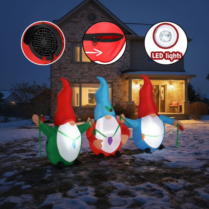 6.6ft Christmas Inflatable Gnome Trio with LED Lights – Large 7FT Blow Up Holiday Yard Decoration – Funny Indoor Christmas Display, Durable Waterproof Polyester, Easy Setup with Blower & Stakes