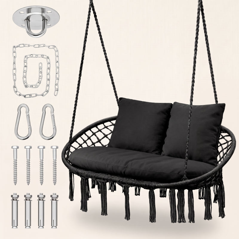 2-Person Hanging Hammock Chair with Cushion – Boho Macrame Swing for Indoor & Outdoor Relaxation - 1