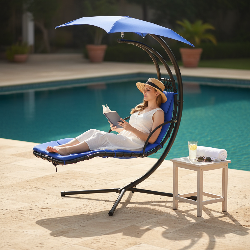 Hanging Chaise Lounger with Removable Canopy, Outdoor Swing Chair with Built-in Pillow, Hanging Curved Chaise Lounge Chair Swing for Patio Porch Poolside, Hammock Chair with Stand (Blue)