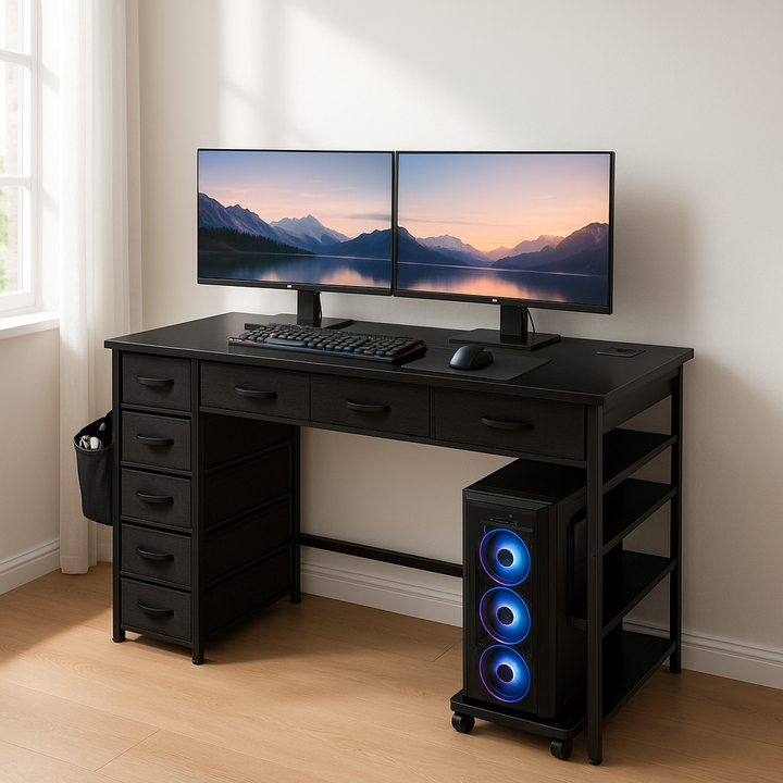 PowerStation Pro 47" Computer Desk with 7 Drawers & Smart Power Hub – Black Gaming Workstation