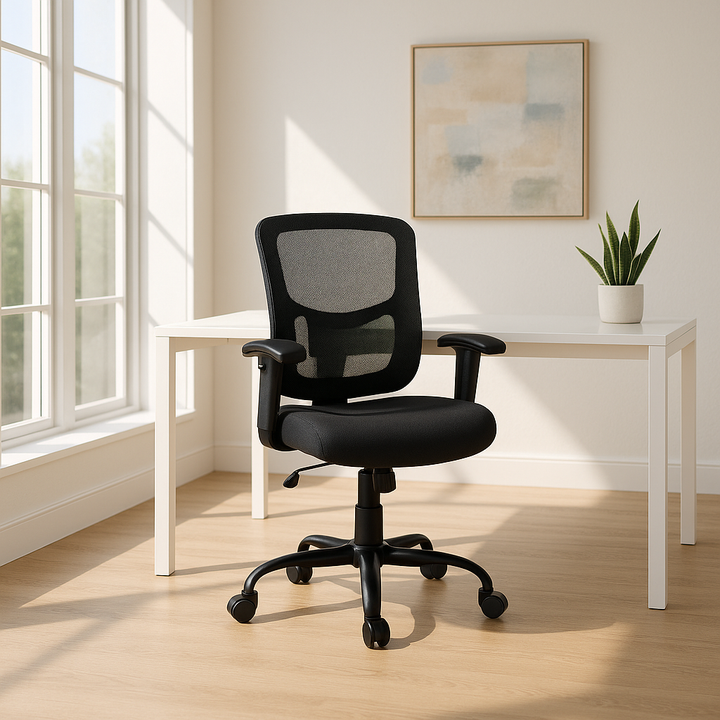 Black Fabric Mesh and Steel Adjustable Swivel Rolling Executive Office Chair