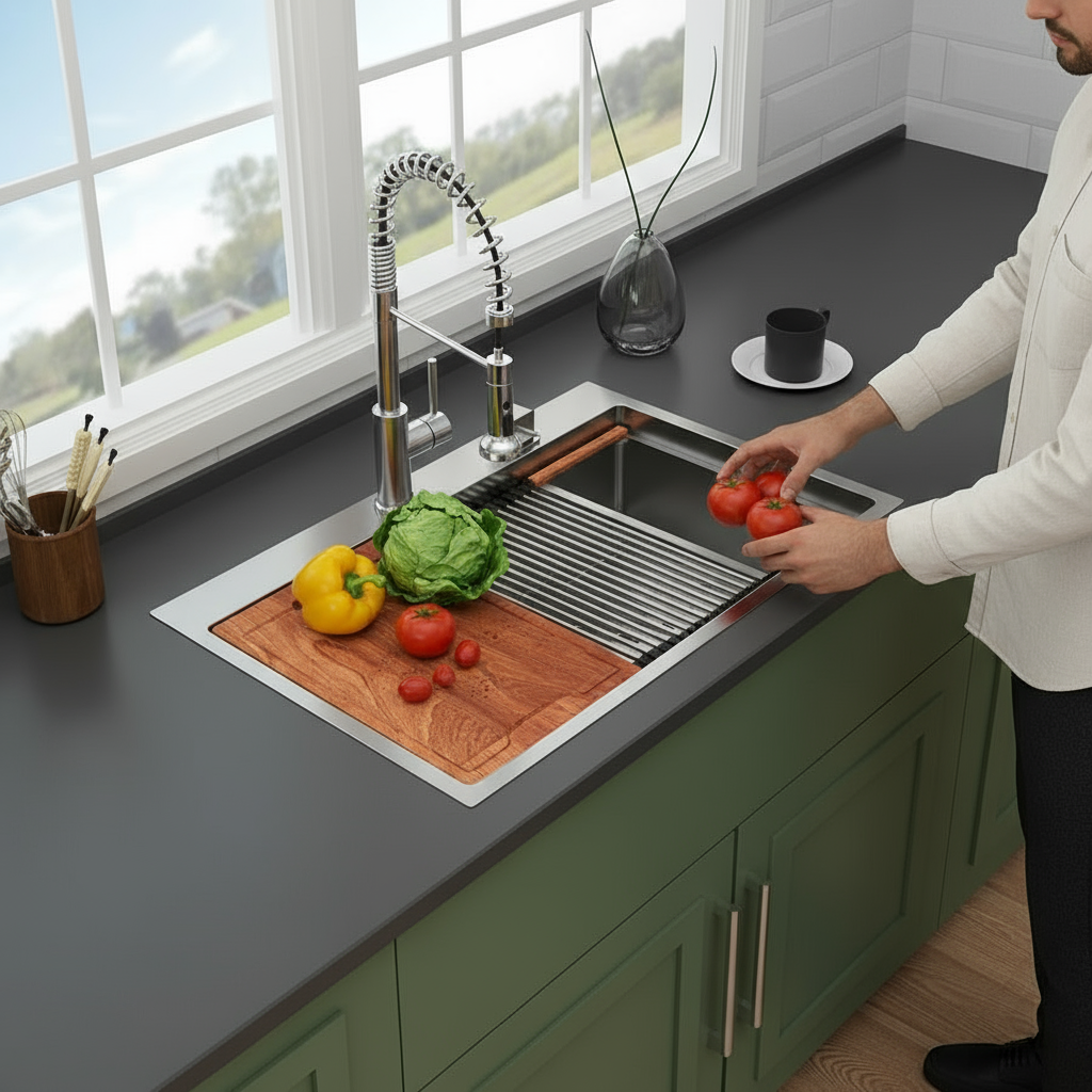 33-inch Topmount Drop-in Single Bowl Stainless Steel Workstation Kitchen Sink Built-in Z-shape Ledge