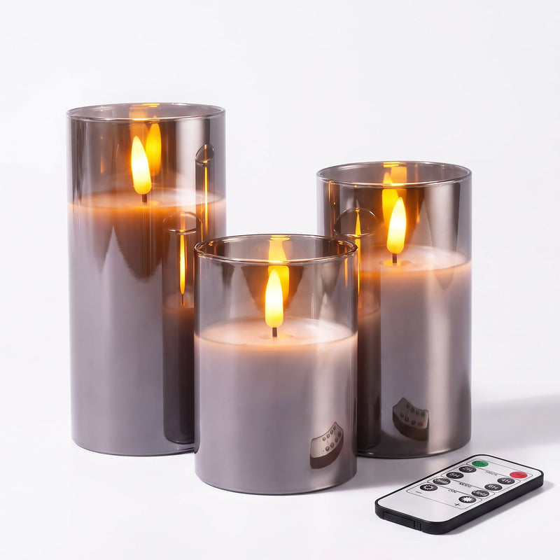 Flameless Candles with Remote & Timer – Glass Pillar Set of 3 - 1
