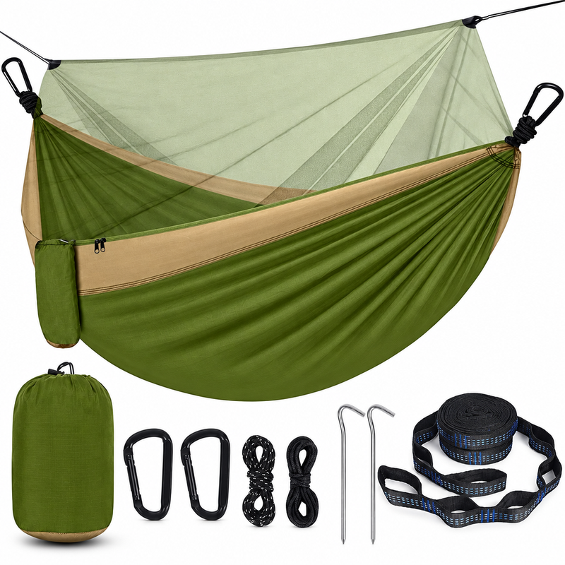 DOUBLE CAMPING HAMMOCK WITH REVERSIBLE BUG NET – 2 PERSON, 660 LB - 1