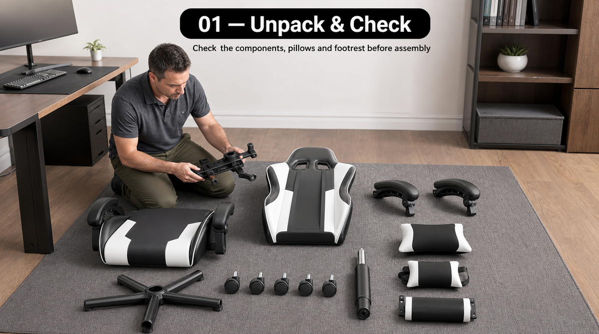 Reclining Gaming Chair with Footrest, Lumbar Support & 360° Swivel - assembly and setup image 1