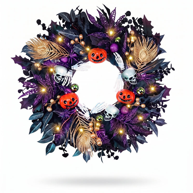 HALLOWEEN WREATH WITH LIGHTS FOR FRONT DOOR – PRE-LIT PUMPKIN, WITCH & GOTHIC PORCH DÉCOR - 1