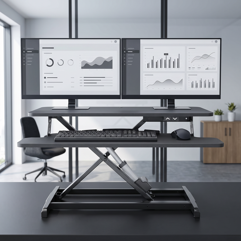 Standing Desk Converter, Height Adjustable Sit to Stand Desk Riser, Pneumatic & Electric Dual Monitor Laptop Workstation with Wide Keyboard Tray - 1