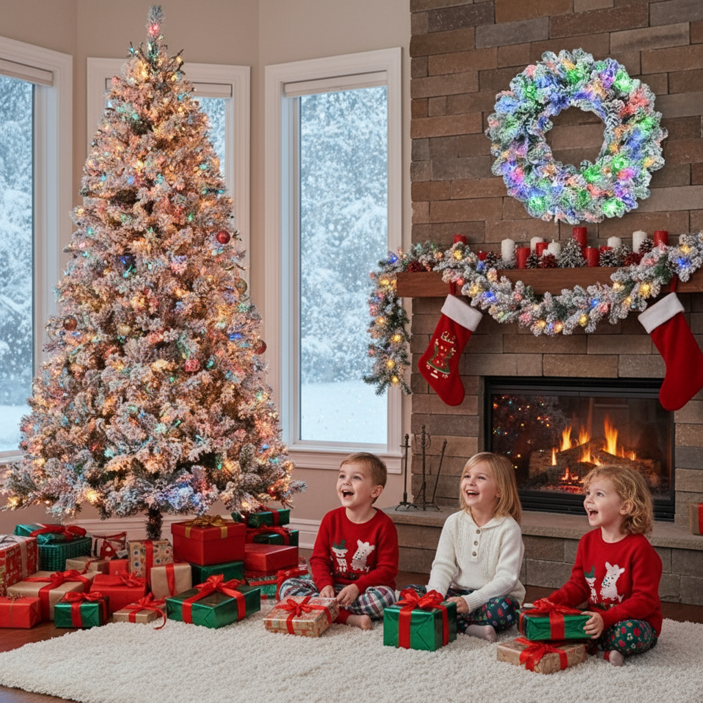 6FT Snow Flocked Christmas Tree Pre Lit Set With Tree Garland Wreath,Artificial Hinged Xmas Tree With Colorful LED Lights8 Lighting Modes, Pine Cones