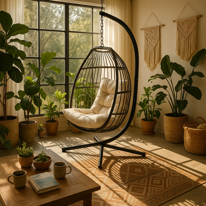 Outdoor Patio Wicker Folding Swing Hammock Egg Chair With Cushion And Pillow, Beige - 330lb Capacity Single Hanging Chair with Steel Stand for Indoor/Outdoor Relaxation