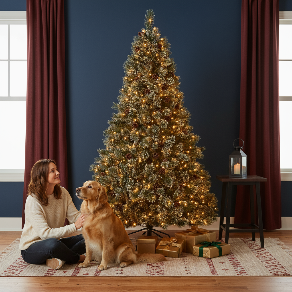 9' Cashmere and Snow Bristle Mixed Tree with 105 Pine Cones and 1200Clear Lights-UL,2317tips,Dia:69