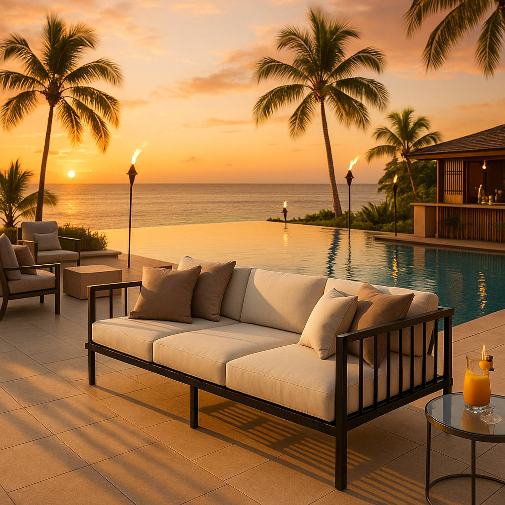 Modern Outdoor Iron Sofa Black - Norway 77"" Patio Furniture with Removable White Cushions & Commercial-Grade Durability